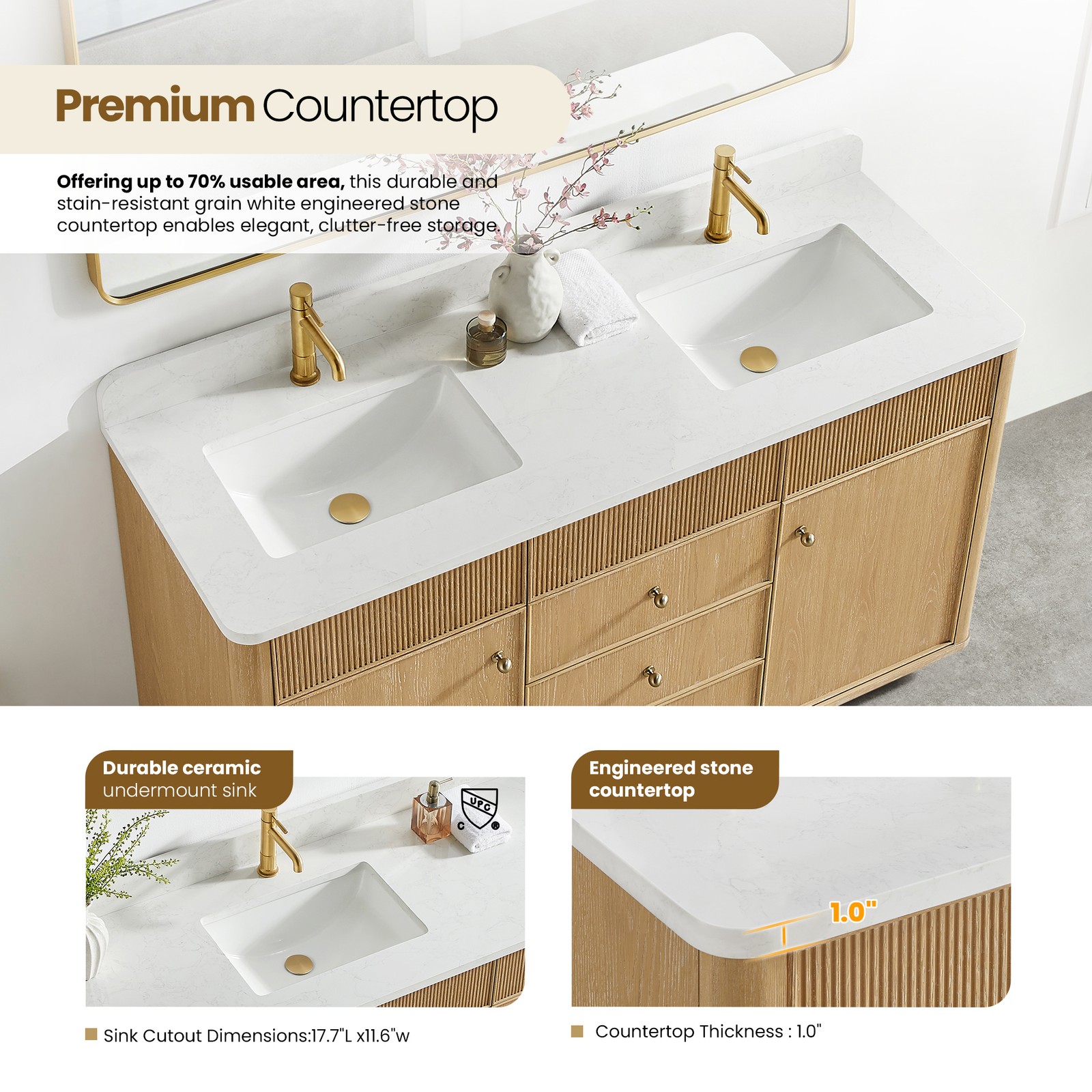 Zogno 60″ Solid Wood Double Bath Vanity in Washed Ash Gray with White Stone Top