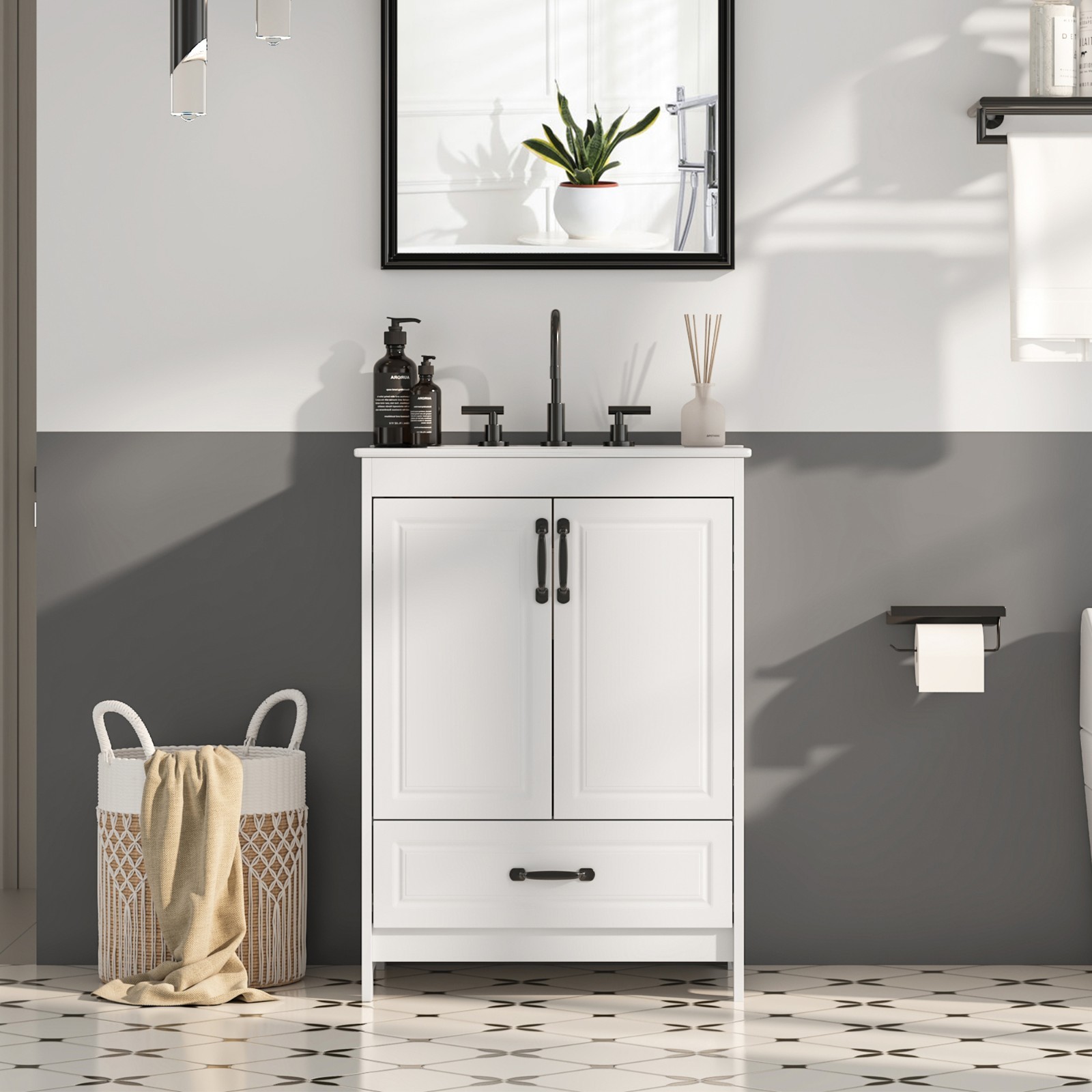 24″ Bathroom Vanity with Ceramic Sink Freestanding Storage Cabinet w/Drawer