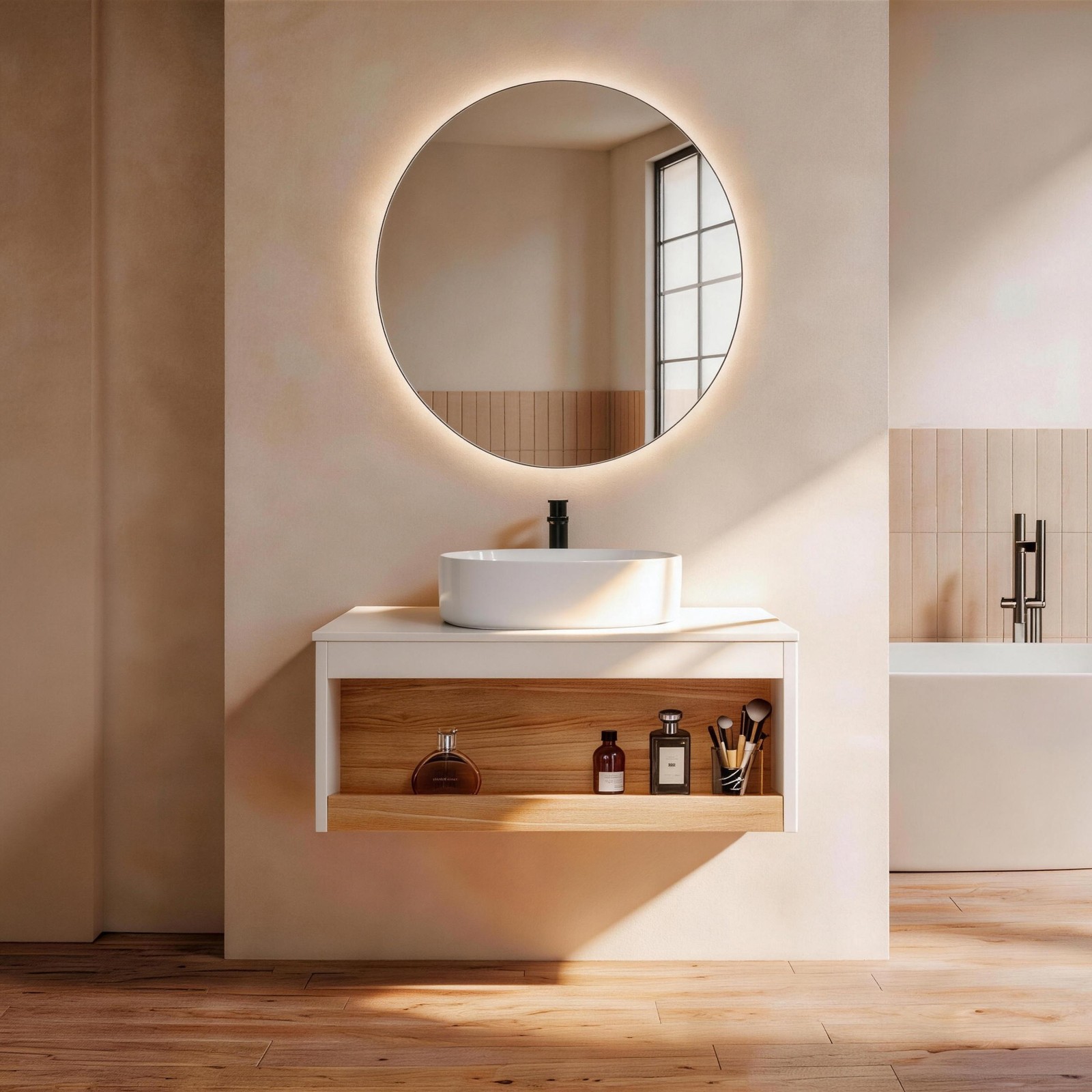 30″ Floating Bathroom Vanity with Glossy White Vessel Sink