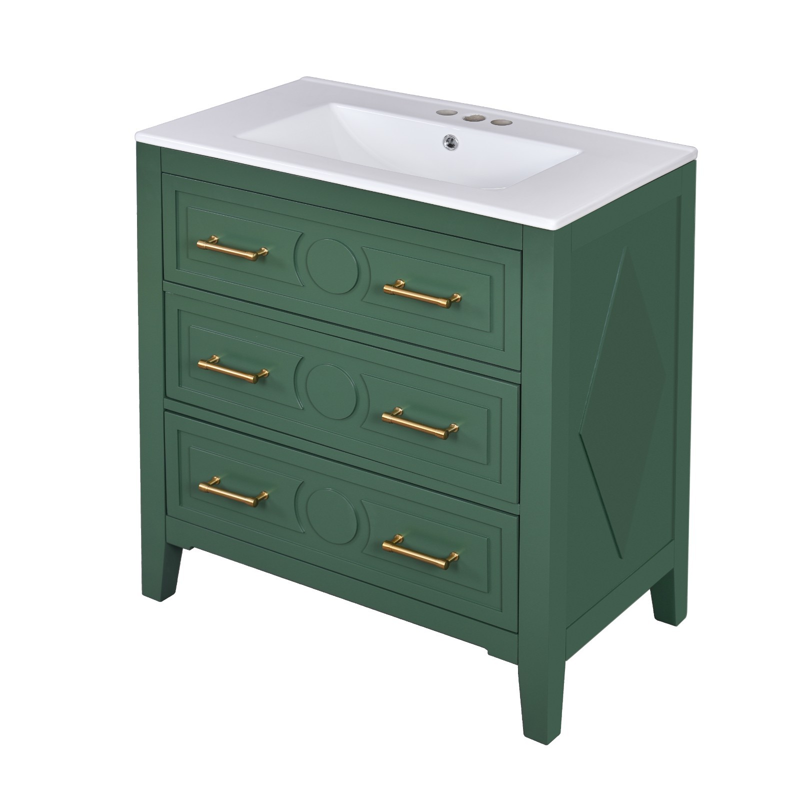 30″ Bathroom Vanity Storage Cabinet With Ceramic Sink 3 Drawers Gold Handles