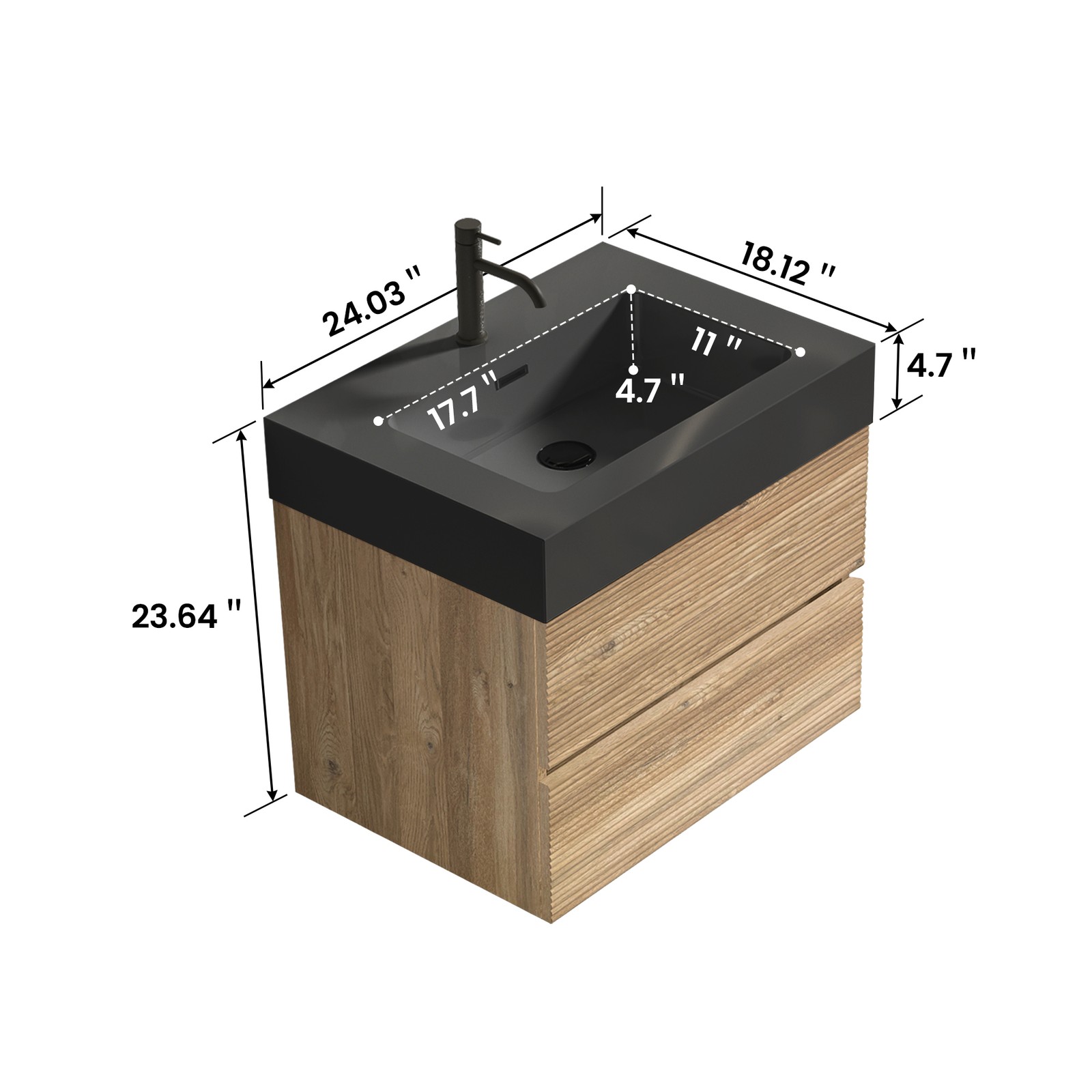 24″ Rough Oak Floating Bathroom Vanity with Black Sink & Drawers