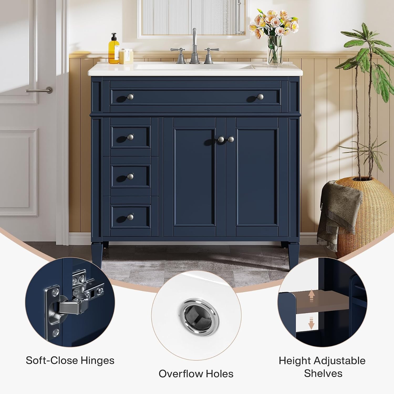 Tribesigns 36″ Bathroom Vanity with Sink,Bathroom Sink Cabinet 4 Drawers& 2Doors