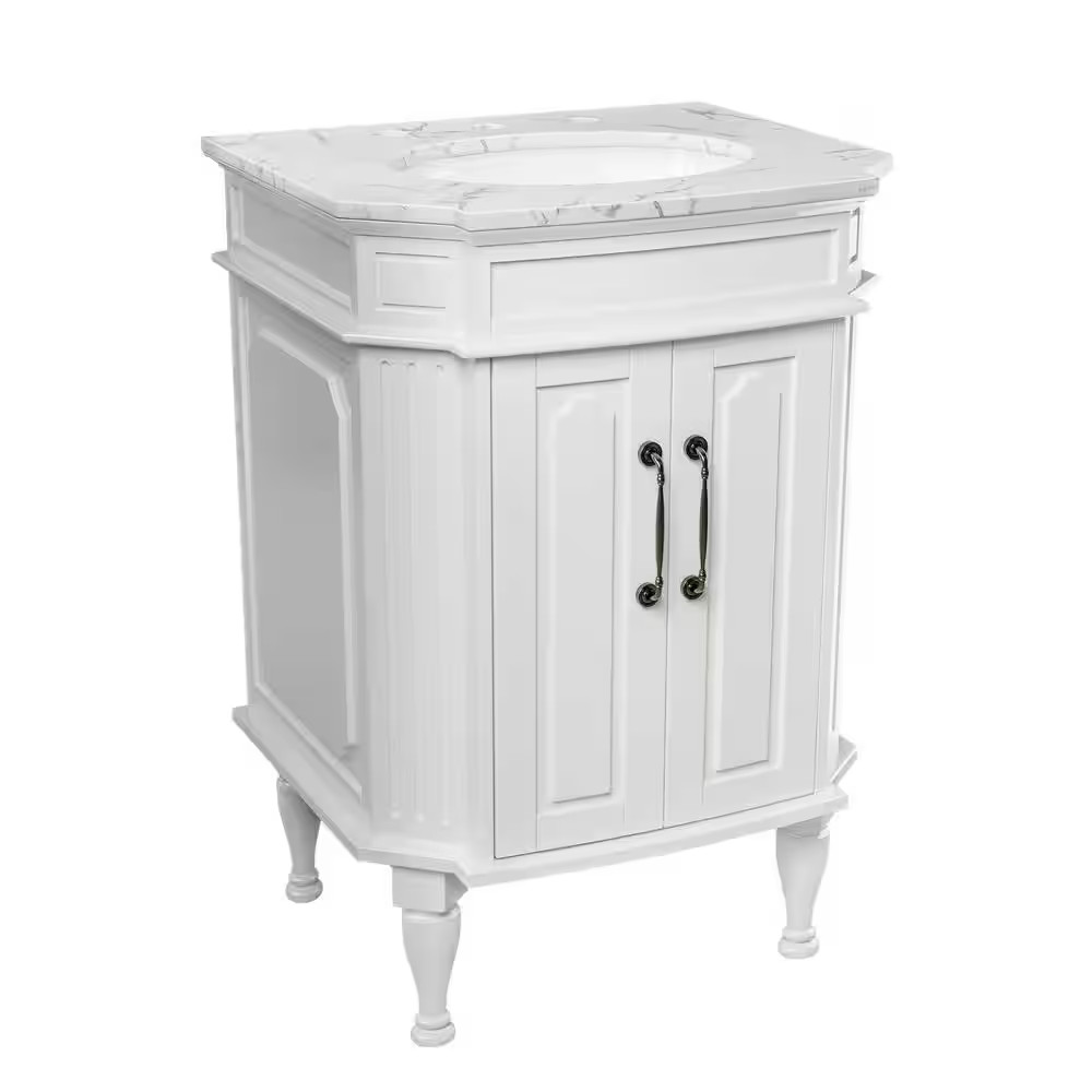24 In. White Wood Single Sink Freestanding Bathroom Vanity with White Marble Top
