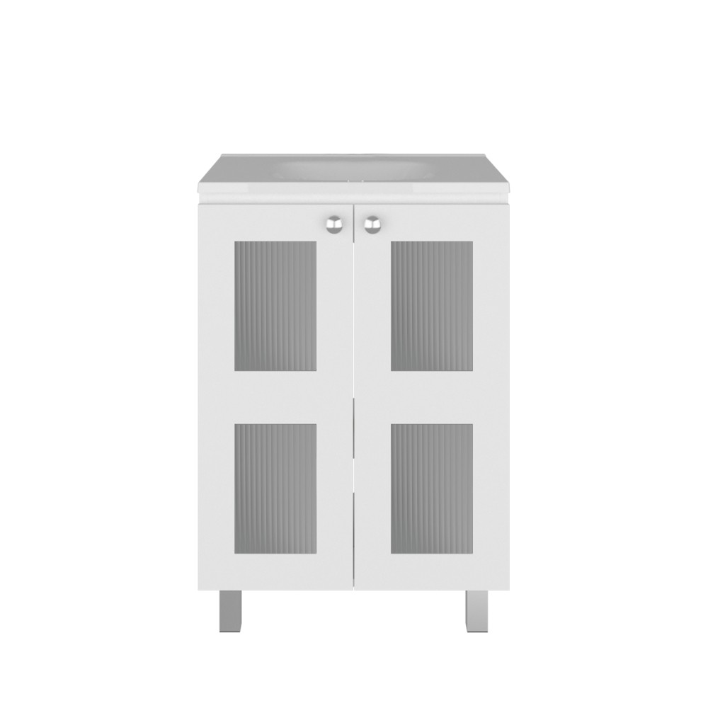 35″ White Bathroom Vanity w/ Resin Sink & Frosted Glass Doors