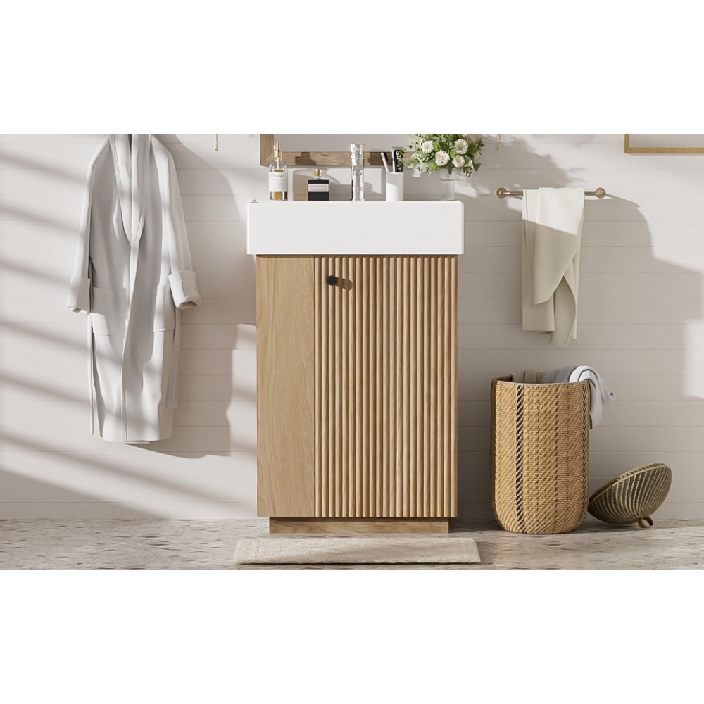 21.6″ Freestanding Bathroom Vanity w/Ceramic Sink, Wood Grain Cabinet,Storage