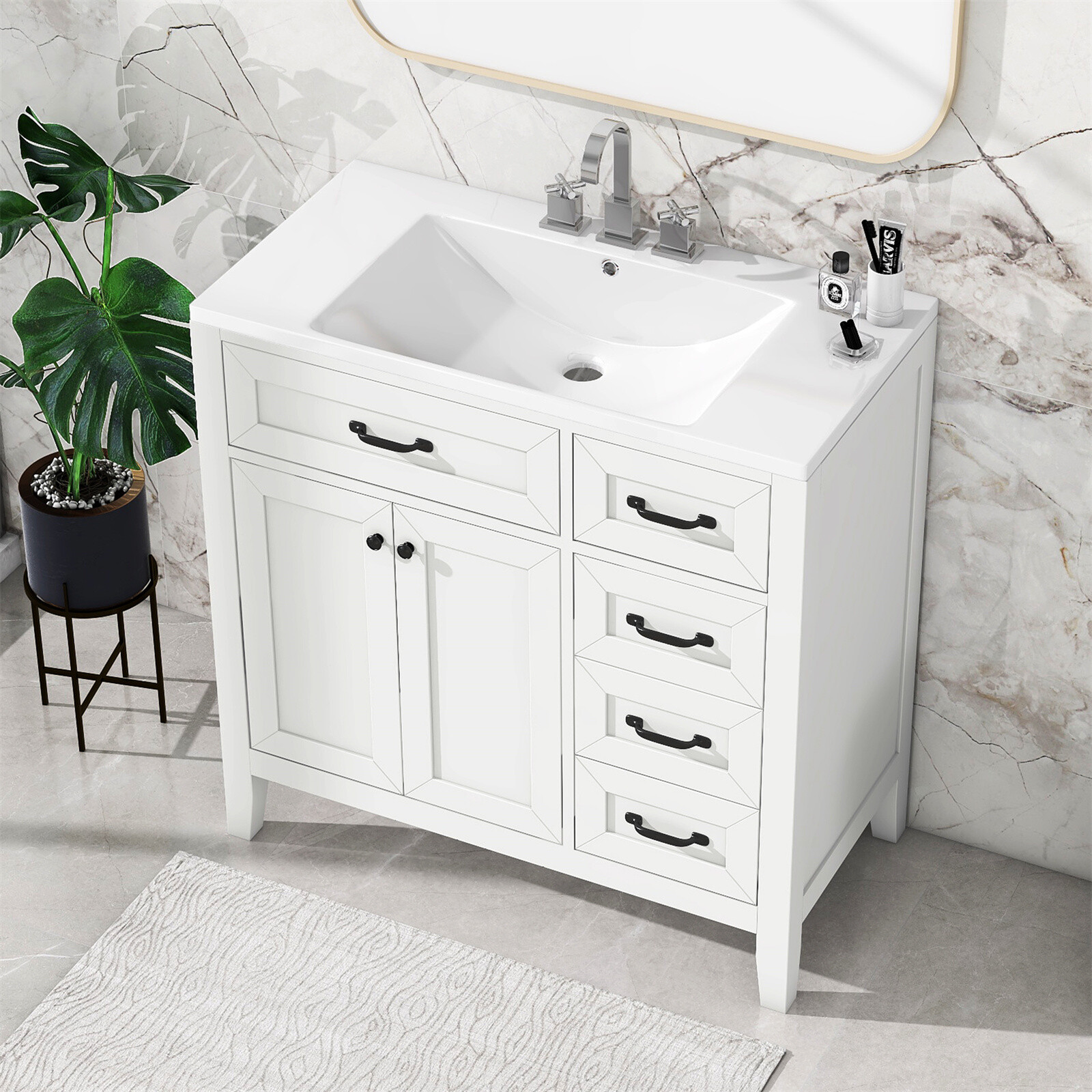36″ Bathroom Vanity with Sink Combo Solid Wood Bathroom Cabinet Set with Drawers