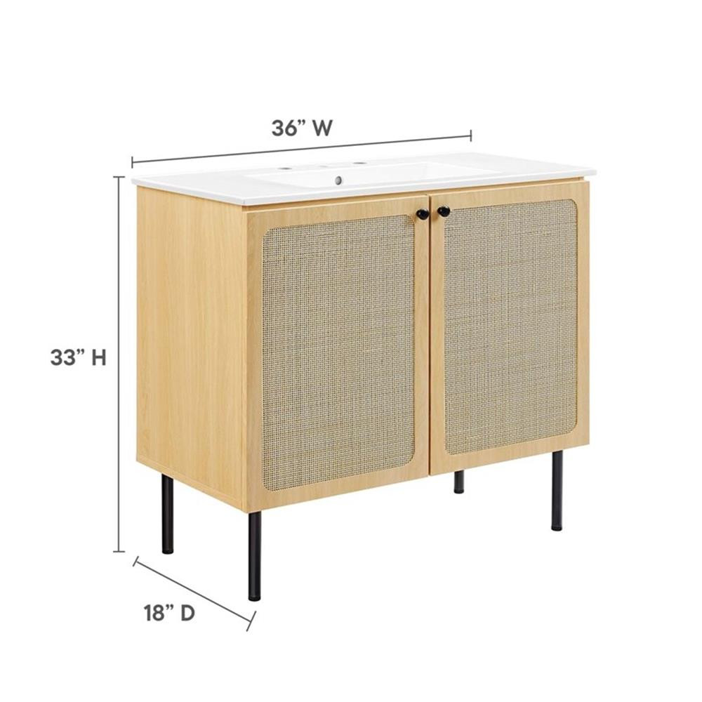 Modway Chaucer 36″ Wood & Rattan Bathroom Vanity in Oak/White