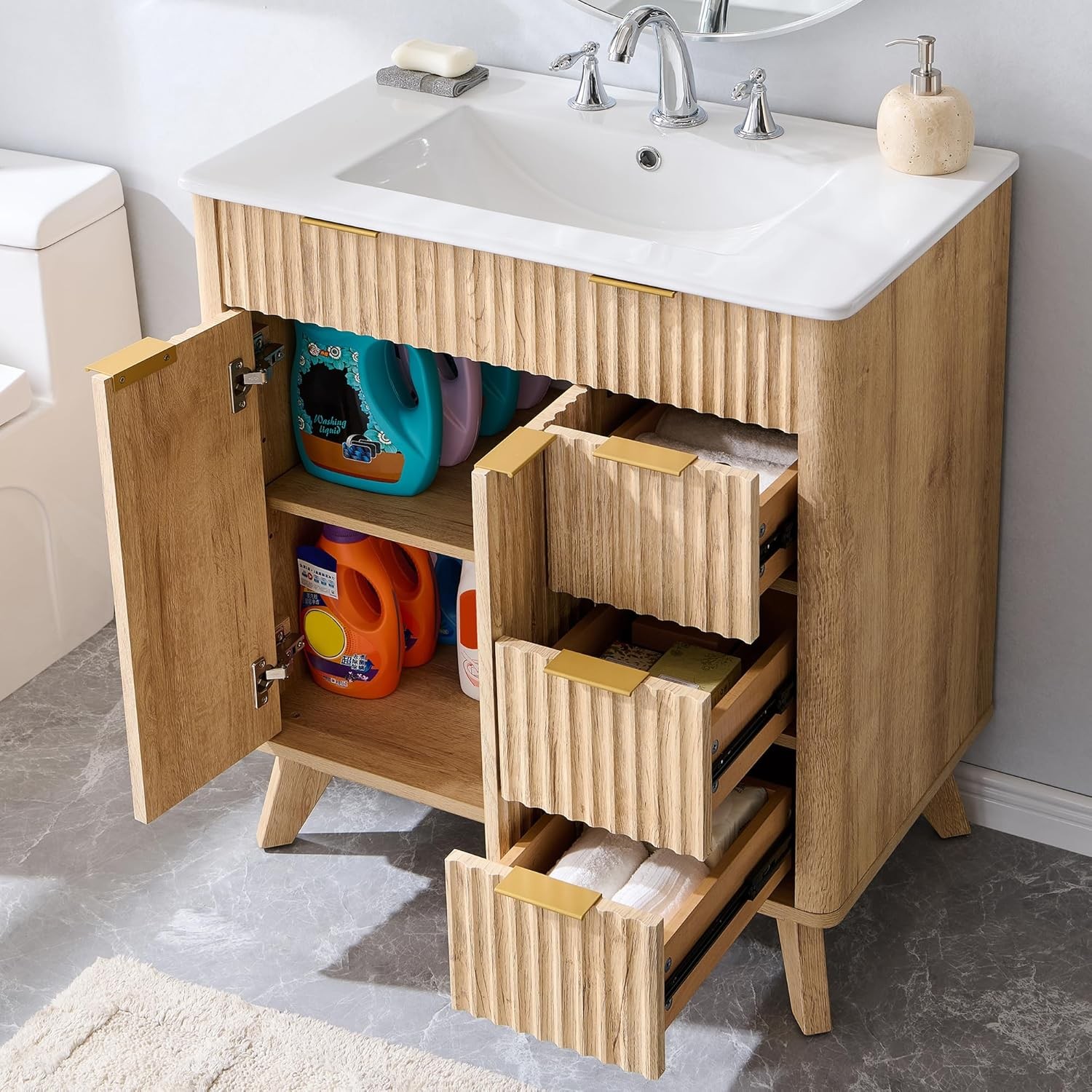 30″ Fluted Bathroom Vanity with Ceramic Sink Combo，Freestanding Modern Bathroom