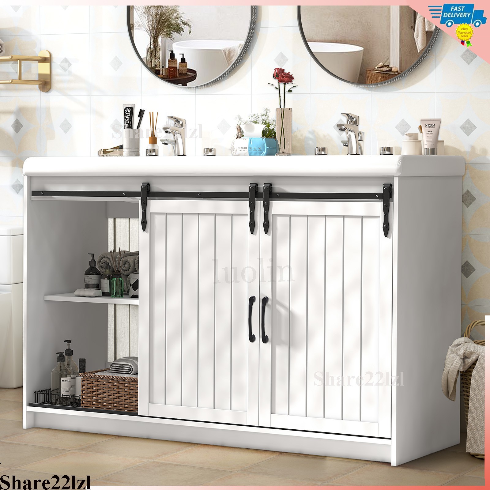 47″ Bathroom Vanity Cabinet Freestanding Drawers Marble Countertop Ceramic Sink