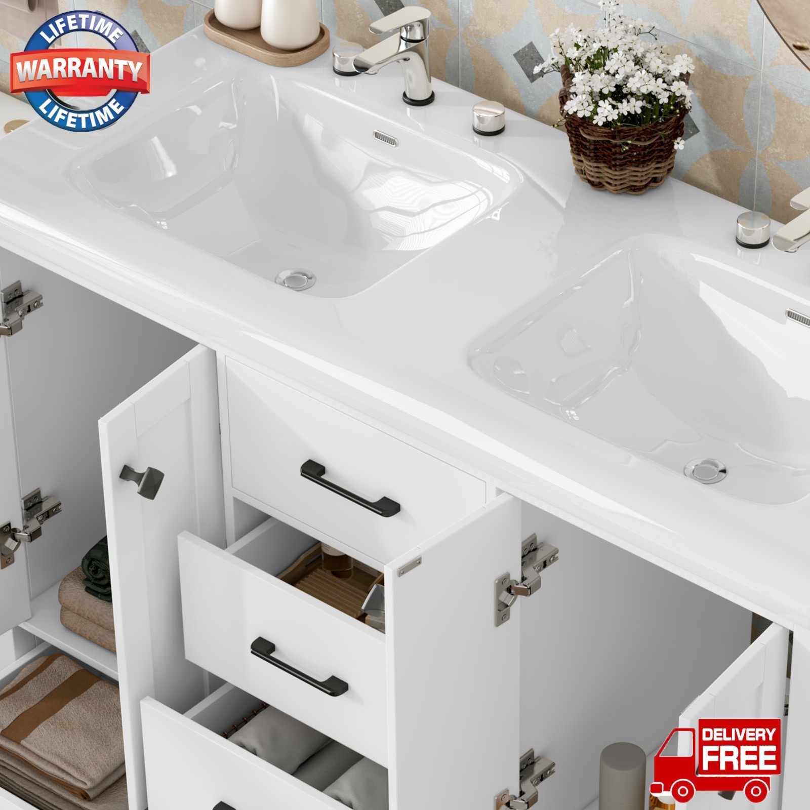 47” Bathroom Vanity with Double Sink Freestanding Bathroom Vanity w/ 6 Drawers