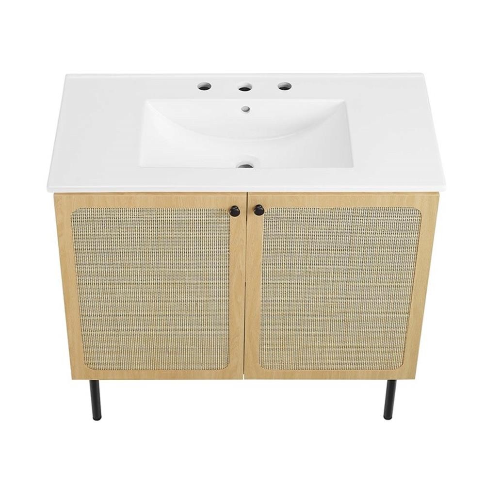 Pemberly Row Contemporary 36″ Wood & Rattan Bathroom Vanity in Oak/White