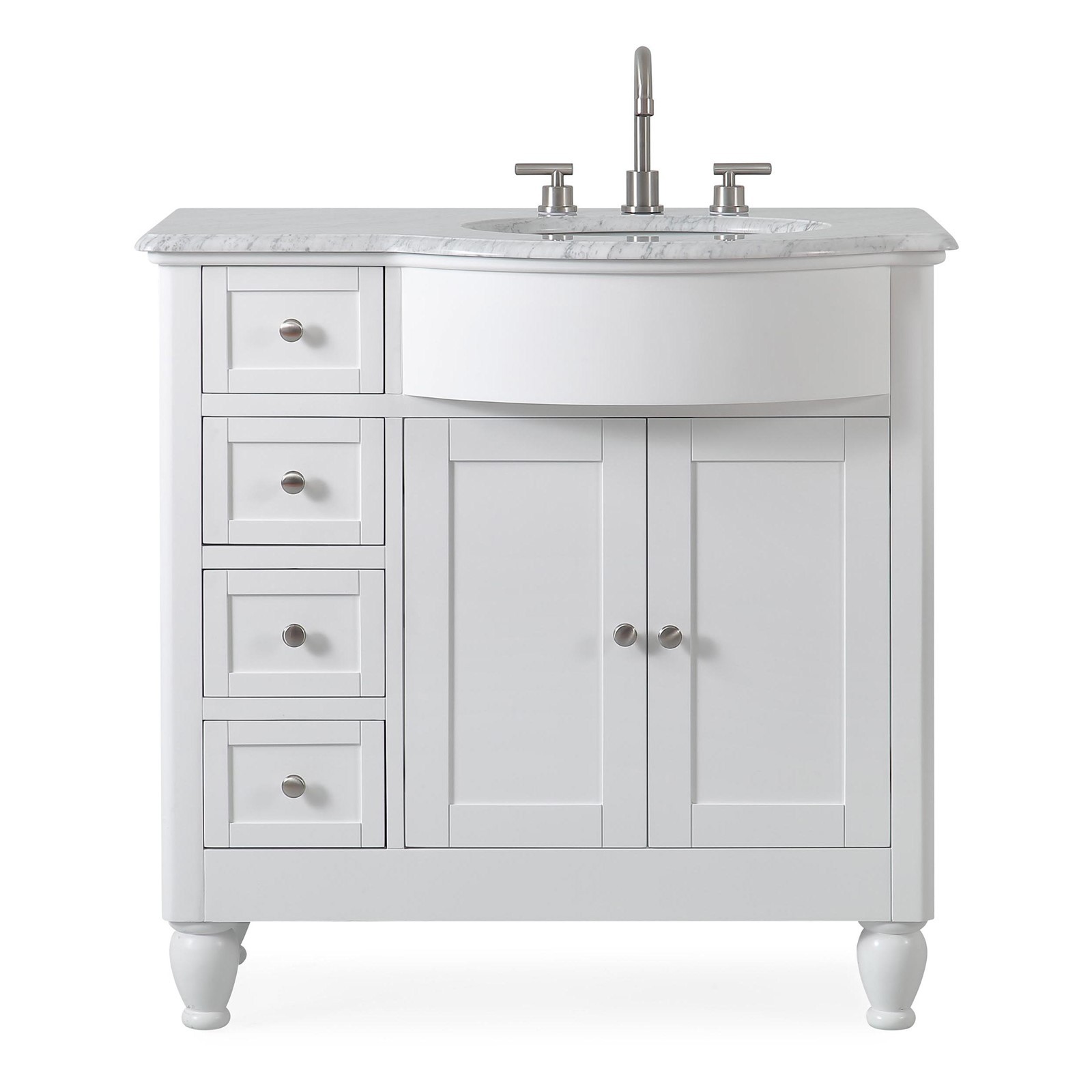 36″ White Bathroom Vanity Single Right Hand Sink Cabinet Marble Top