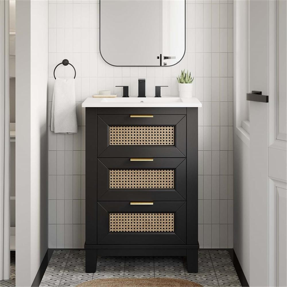 Modway Dixie 24″ Solid Wood Bathroom Vanity Cabinet with Tapered Legs in Black