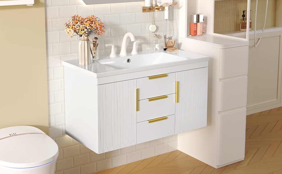 36″ Floating Bathroom Vanity Cabinet with 2 Drawers, Solid Wood, White