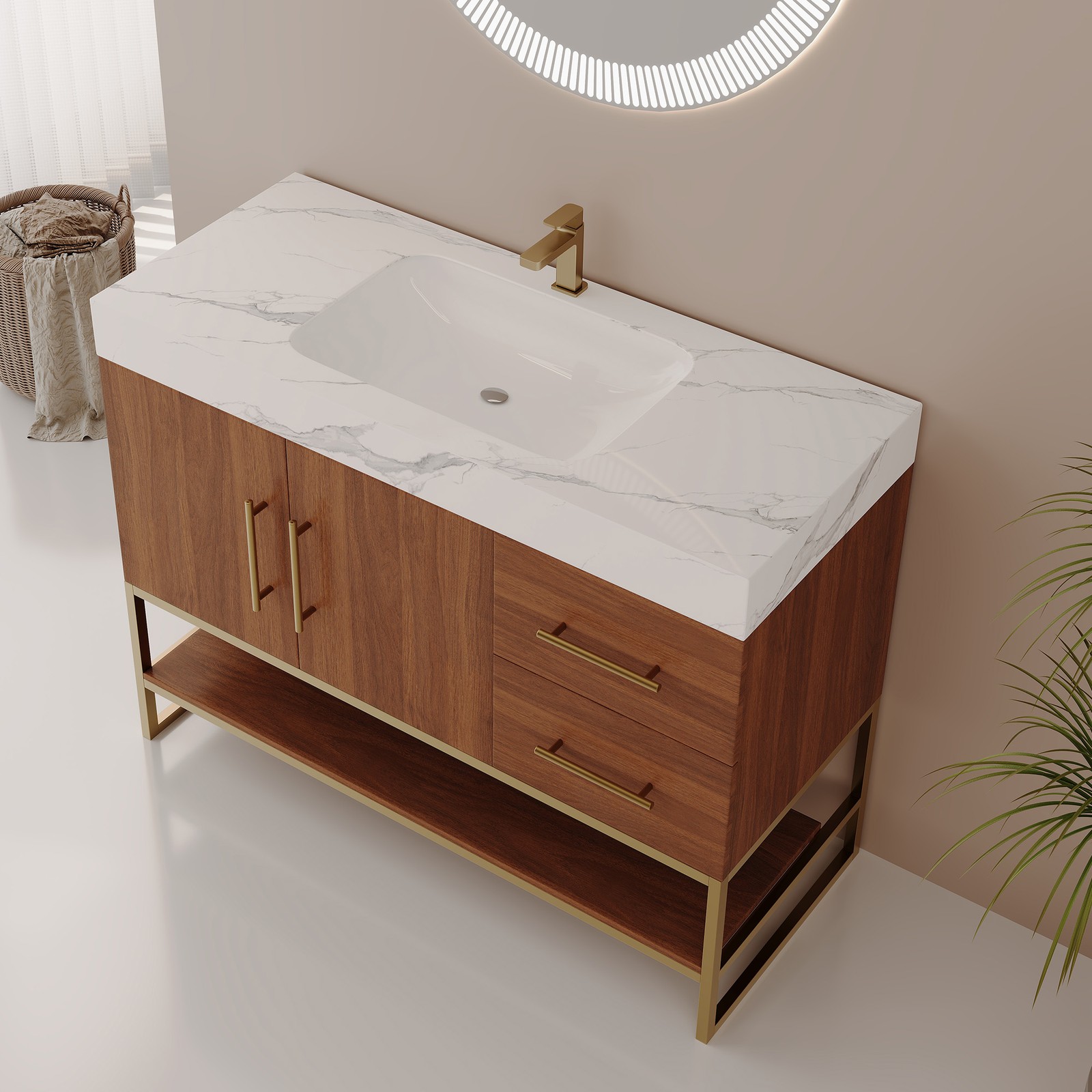 36″ Bathroom Vanity with Ceramic Sink & Stone Top, Gold Walnut White