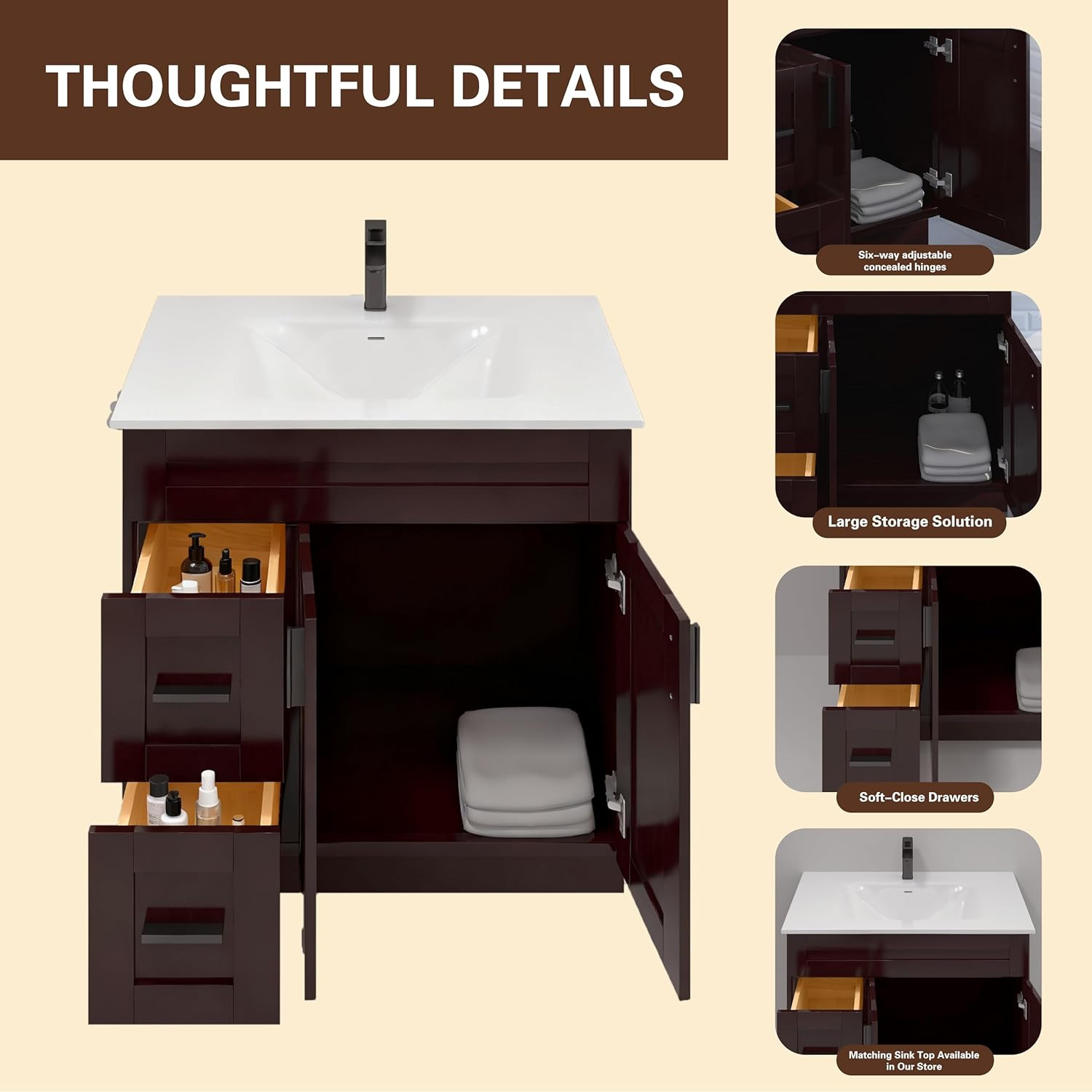 Espresso 36″ Shaker Bathroom Vanity Sink Base with Drawers – Ready to Assemble
