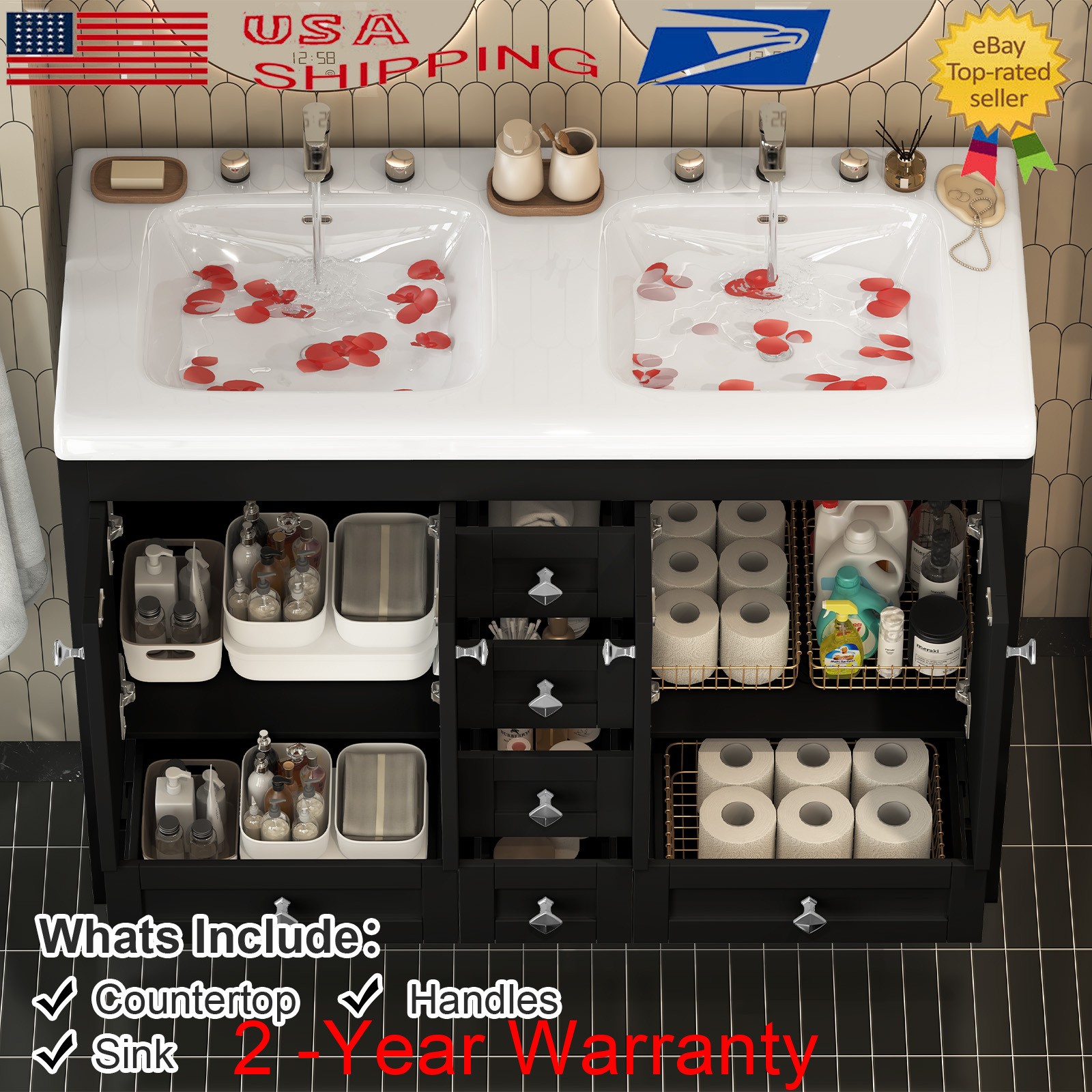 47in Large Freestanding Bathroom Cabinet with Double Sink Black Vanity Cabinet