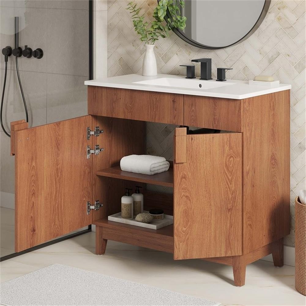 Pemberly Row 36″ Wood Bathroom Vanity with Tapered Legs in White/Walnut