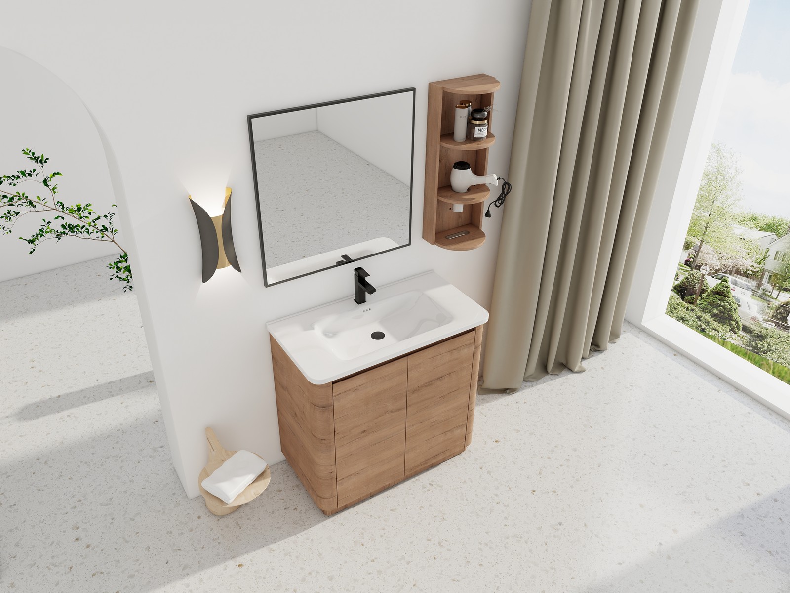 36 inch Freestanding Bathroom Vanity Cabinet W/ Ceramic Sink Basin Storage Rack