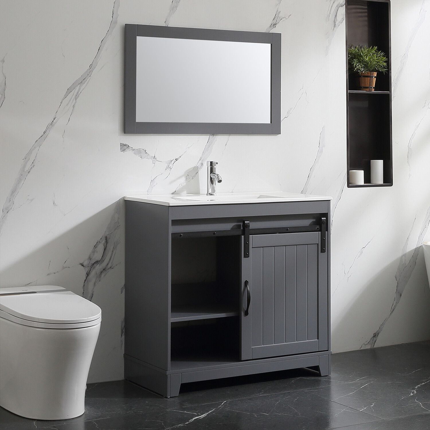 36″ Sliding Door Bathroom Vanity w/ Undermount Sink Faucet Mirror Gray Modern