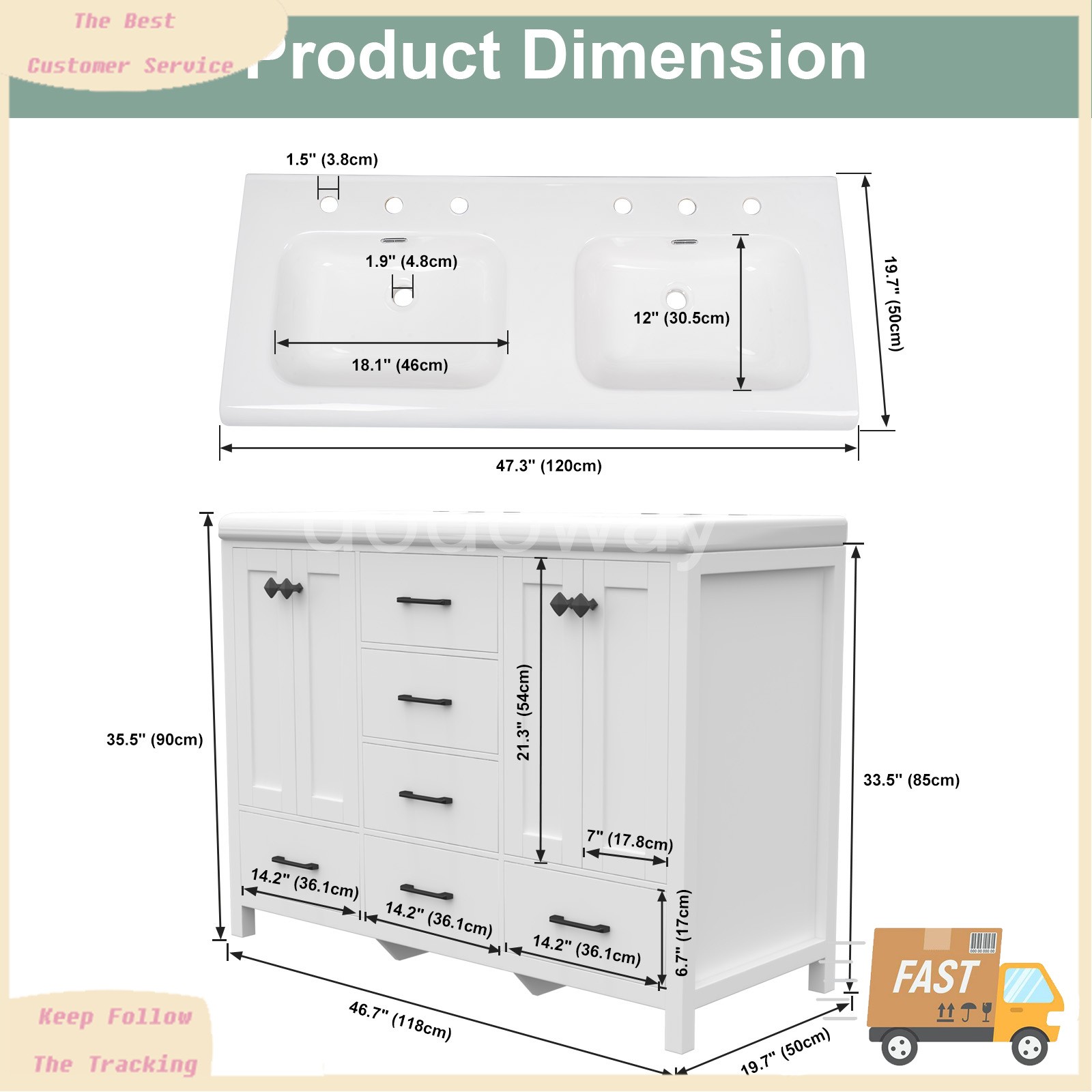 47″ Bathroom Vanity Set with Double Sink, 4-Door 6-Drawer Waterproof Cabinet