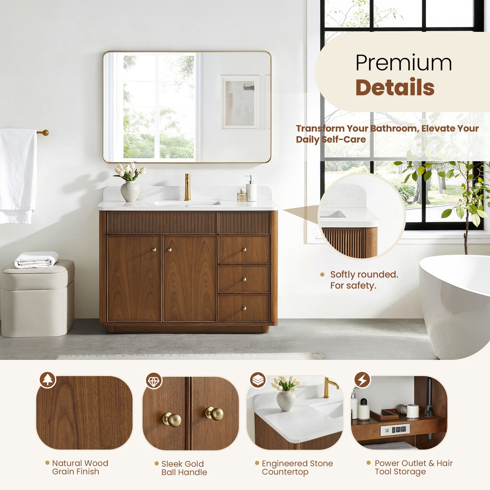 Zogno 48″ Single Sink Bath Vanity in Natural Walnut with White Grain Stone Top
