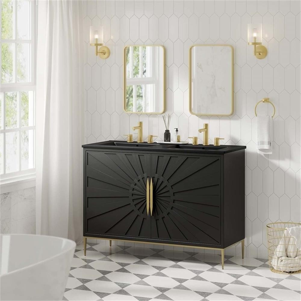 Pemberly Row 48″ Solid Wood and MDF Double Sink Bathroom Vanity in Black