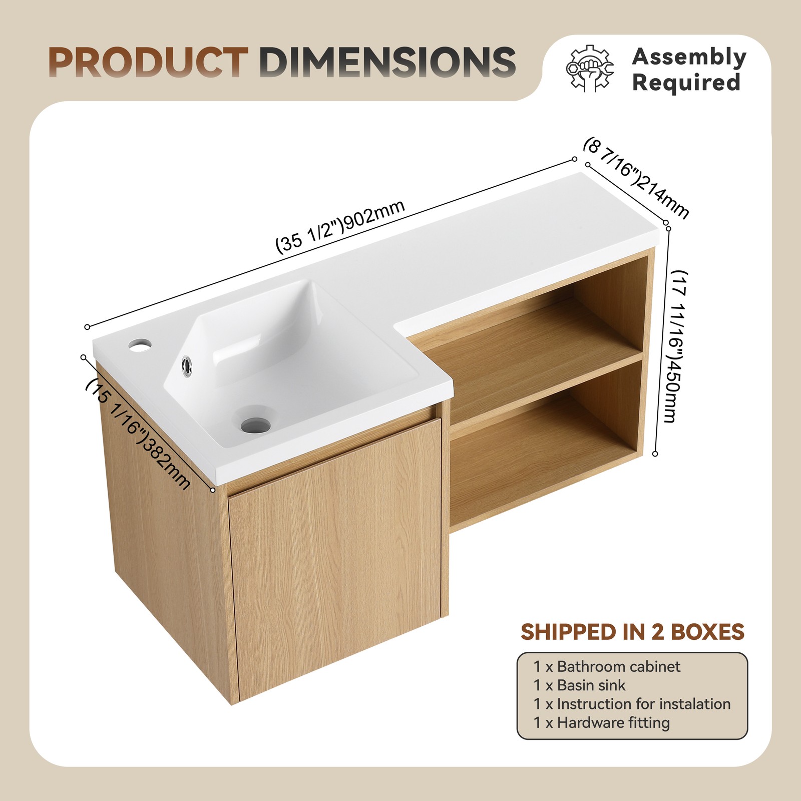 36″ Corner Floating Bathroom Vanity with Integrated Sink, Light Oak