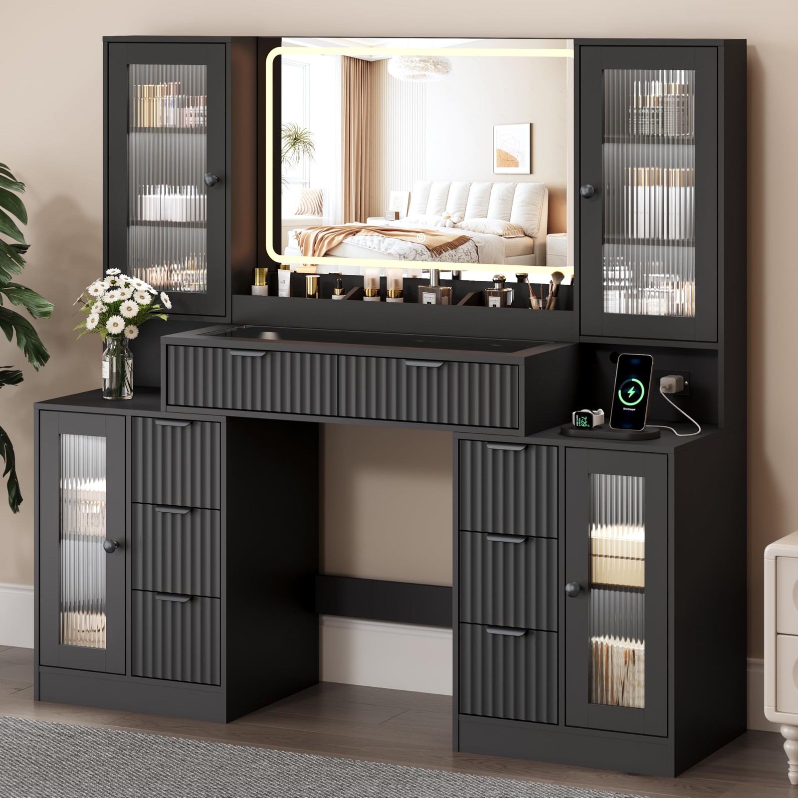 55 Vanity Desk with Mirror Lights 8 Drawers Tempered Glass RGB Charging Station