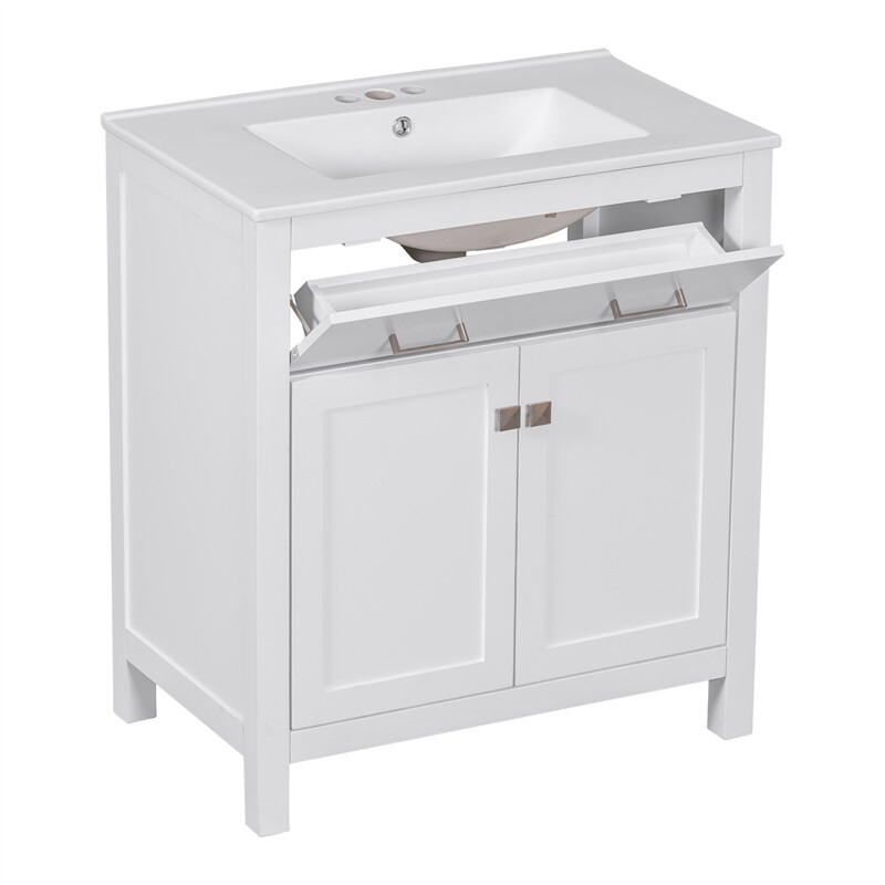 30-inch White Bathroom Vanity w/Ceramic Sink,Soft Close Doors & Flip-out Drawer