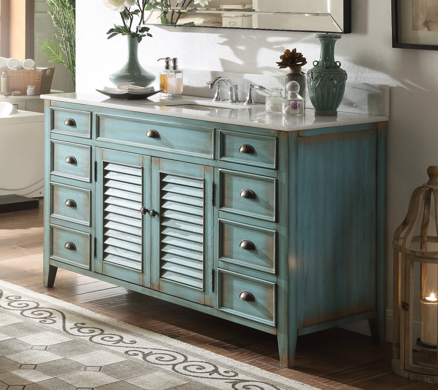 60 inch Distressed Vintage Vanity with Top & Mirror Abbeville CF-66323BU-MIR