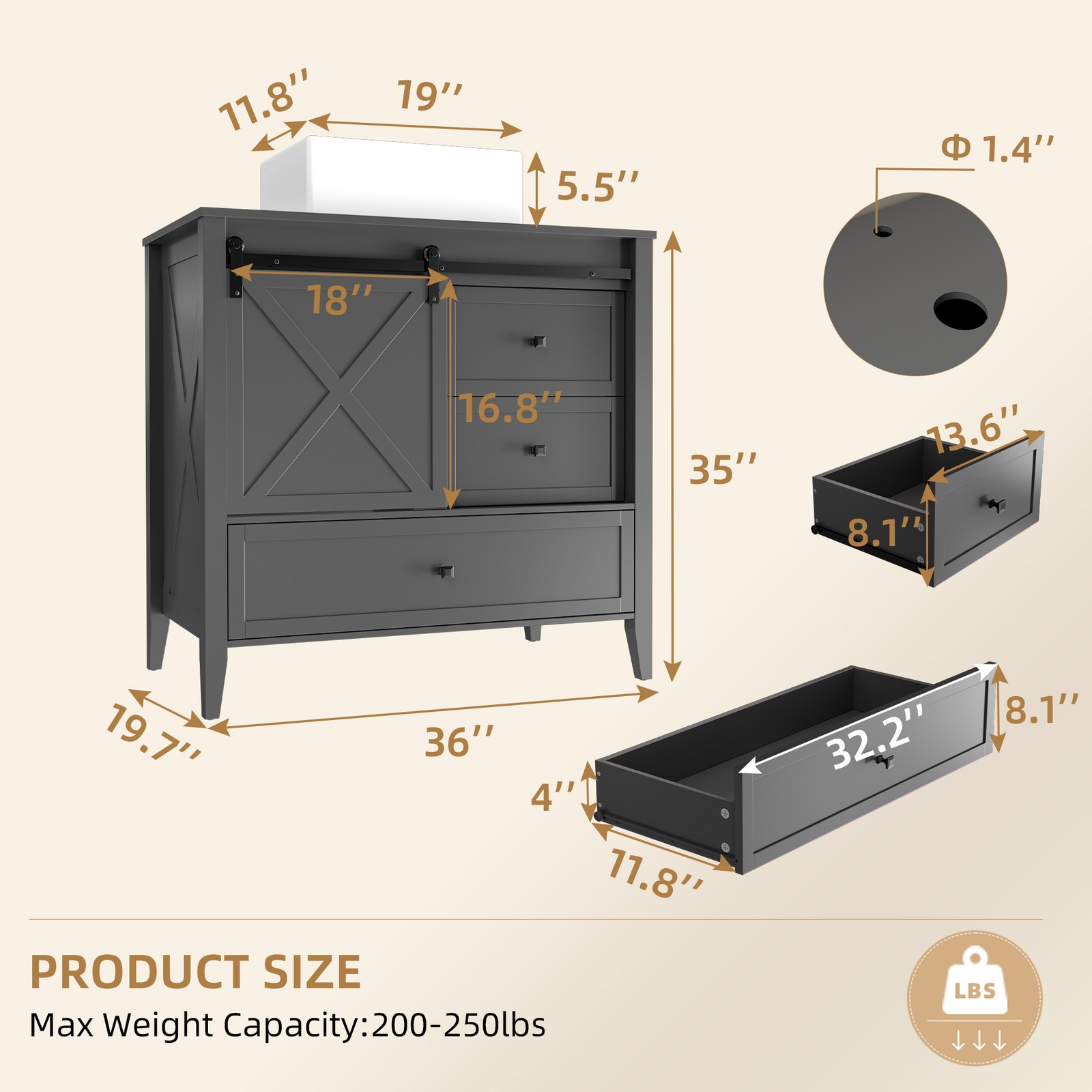 36 Inch Bathroom Vanity Cabinet With Ceramic Sink Sliding Barn Door Freestanding