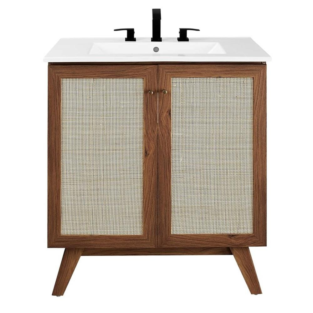 Modway Soma 30″ Modern Wood Bathroom Vanity with Rattan Door in Walnut/White