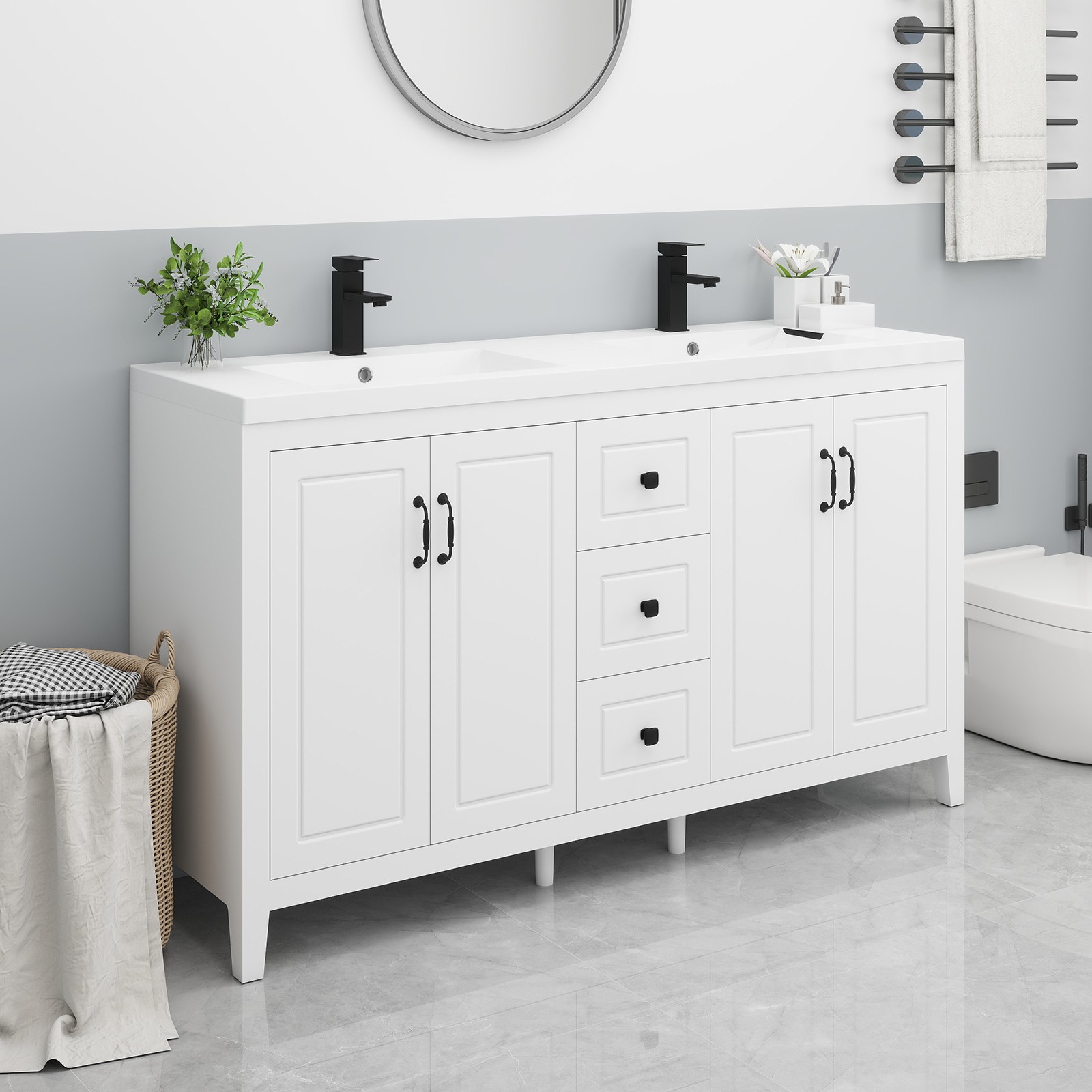 60″ Bathroom Vanity Freestanding with Sink Soft Close 4 Doors 3 Drawers Faucet