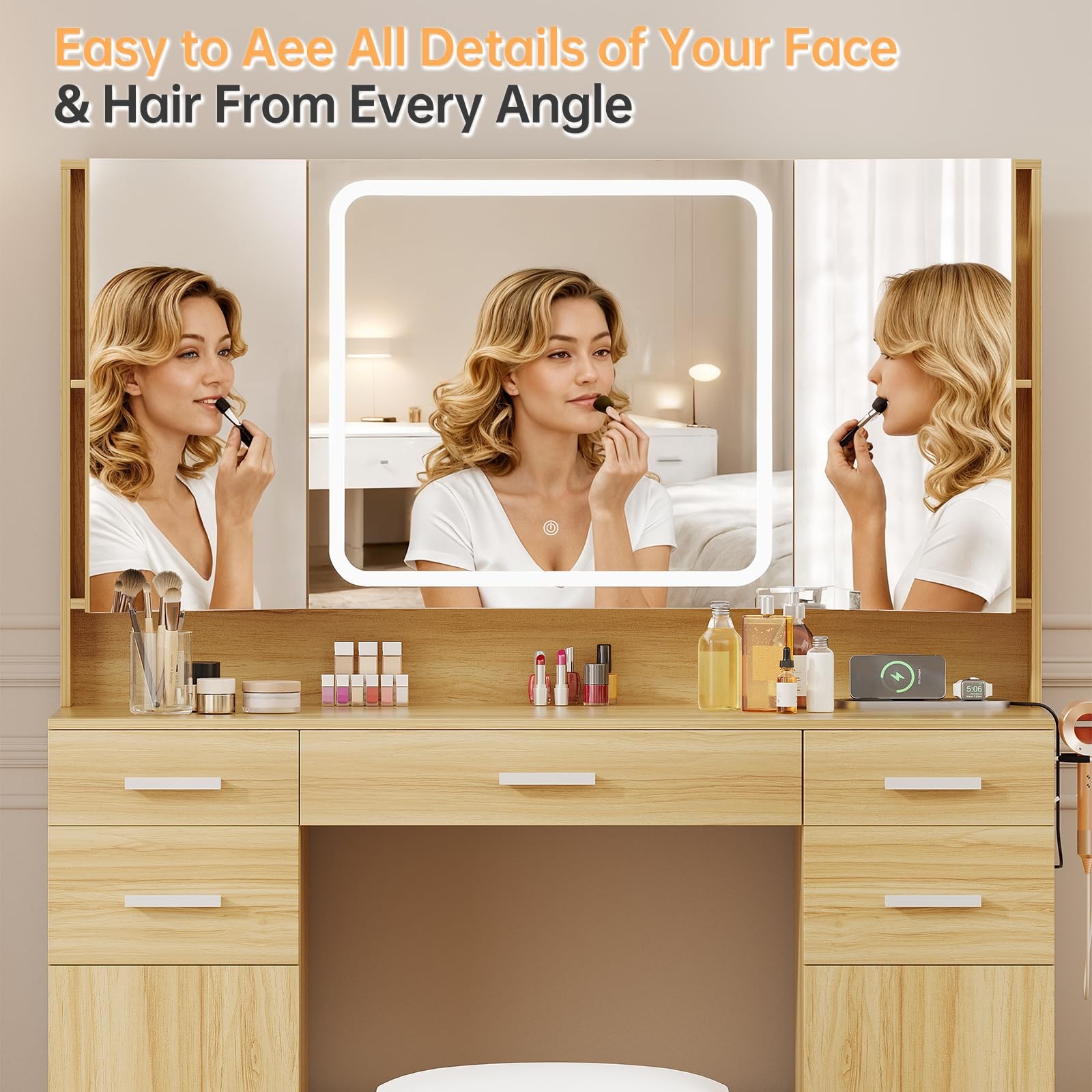 Tri-Fold Mirror Vanity Desk with Lights 7 Drawers Stool Oak Power Outlet