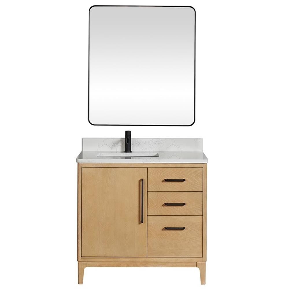 Gara 36″ Single Bath Vanity in Washed Ash Grey w/ White Grain Composite & Mirror