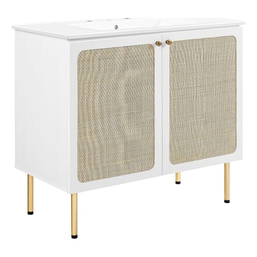 Pemberly Row 36″ Wood & Rattan Bathroom Vanity with Adjustable Shelf in White