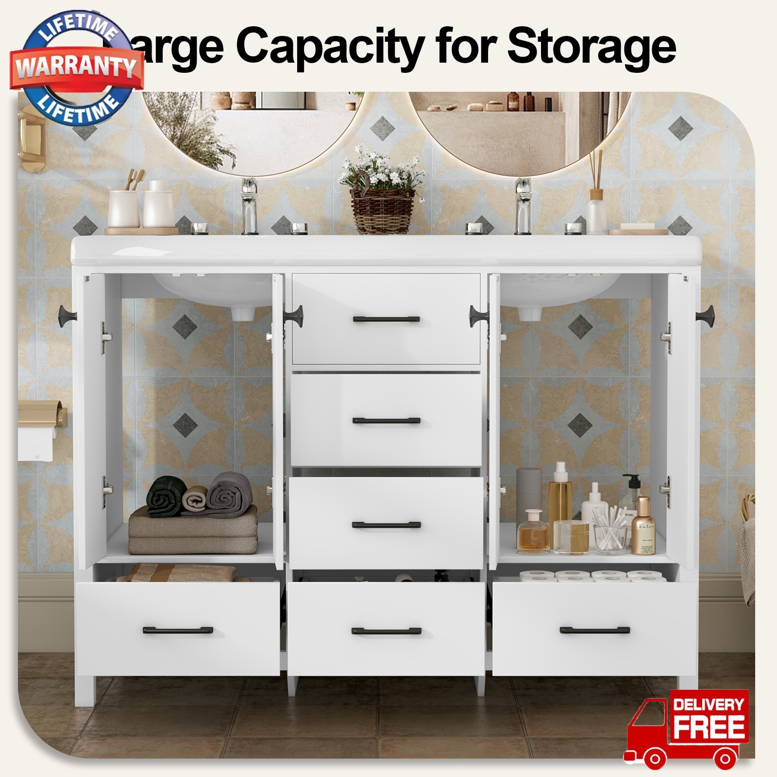 47” Bathroom Vanity with Double Sink Freestanding Bathroom Vanity w/ 6 Drawers