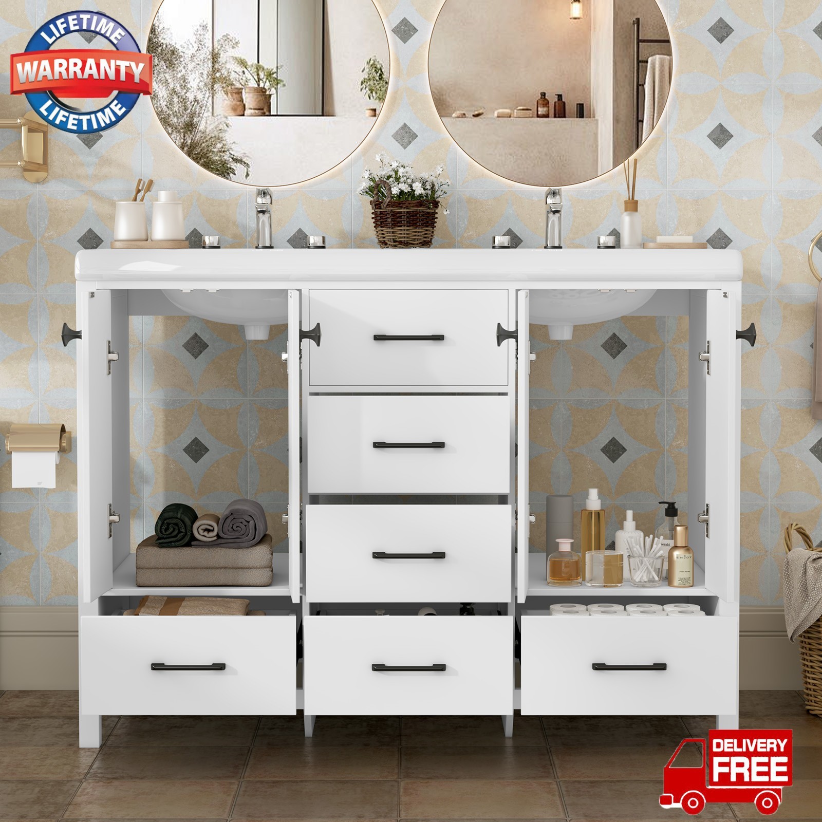 47” Bathroom Vanity with Double Sink Freestanding Bathroom Vanity w/ 6 Drawers