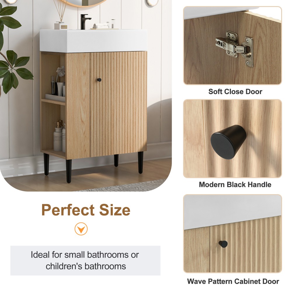 21.6″ Wood Bathroom Vanity，Ceramic Sink，Free-Standing Cabinet，Left Side Storage