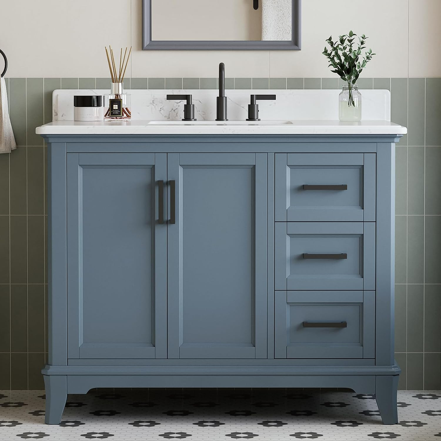 42″ Steel Blue Bathroom Vanity with Sink, Soft Close Doors & Quartz Top