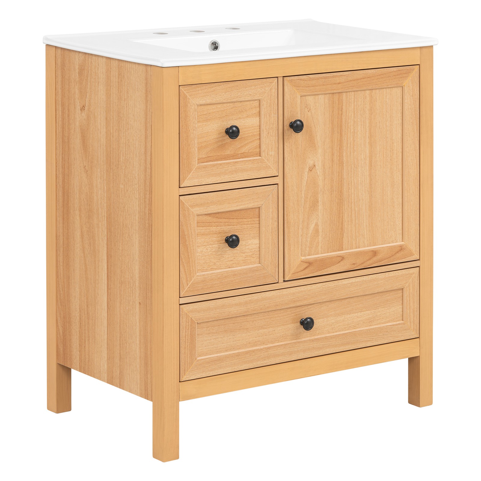 30″ Bathroom Vanity with Ceramic Sink Wood Grain Cabinet with Soft-Close Drawer