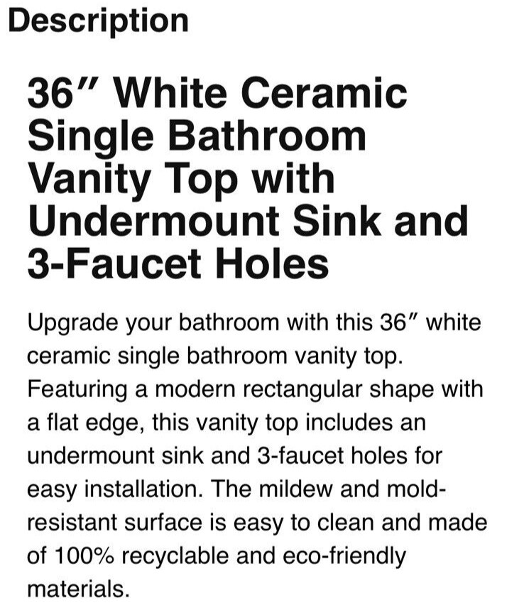 36″ Single Bathroom Vanity Top with White Basin, 3-Faucet Holes, Ceramic, White