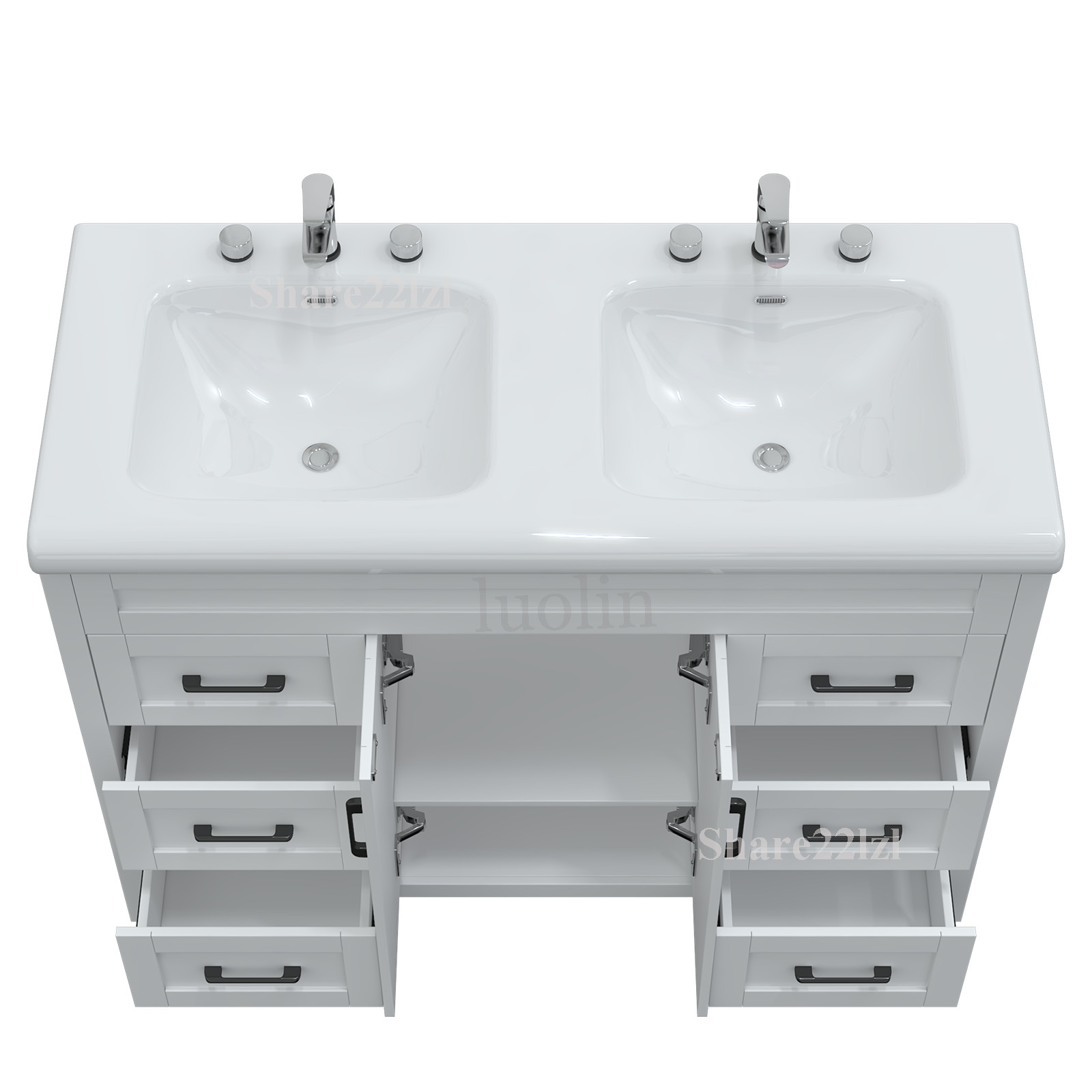 47″ Bathroom Vanity Cabinet White Freestanding Drawers with Double Sink Ceramic
