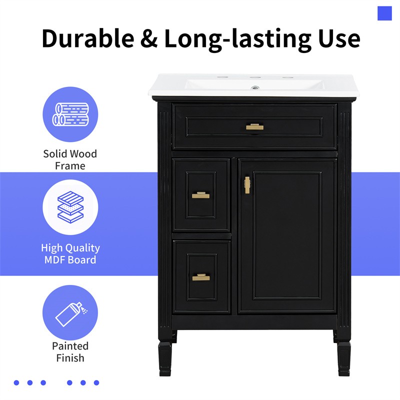 24-In Modern Bathroom Vanity with Ceramic Sink,Black Wood Cabinet with 3 Drawers