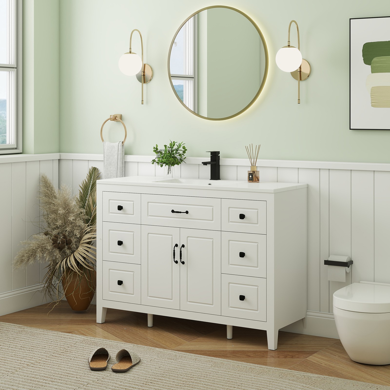 48″ Freestanding Bathroom Vanity Soft-Close 2 Doors 6 Drawers Matte Black Faucet