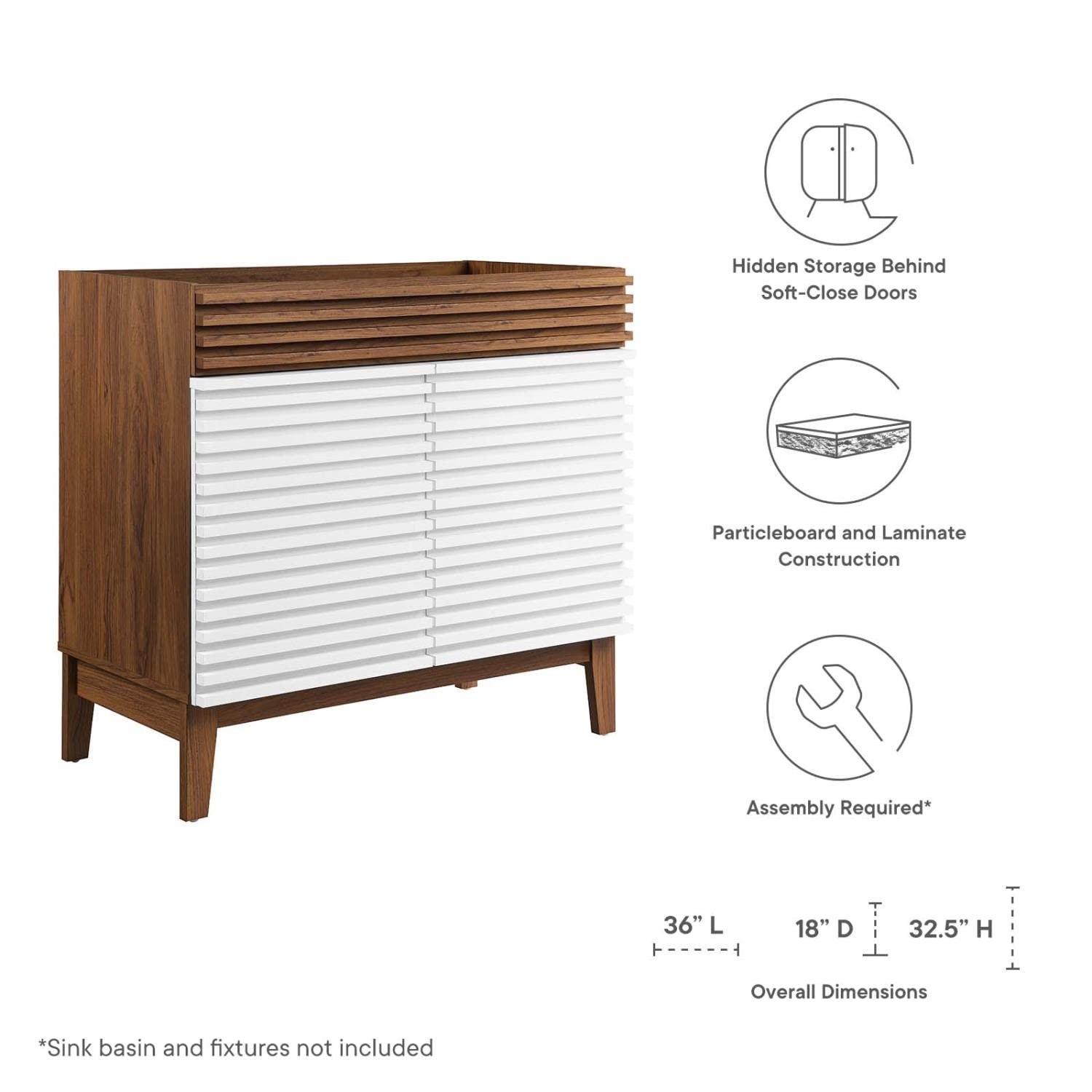 Modway Render 35″ MDF and Particleboard Bathroom Vanity Cabinet in White/Walnut