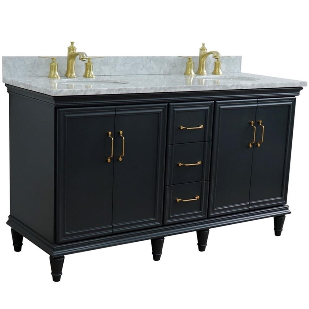 61 in. Double Wooden Vanity Dark Gray White Carrara Marble Oval Sink