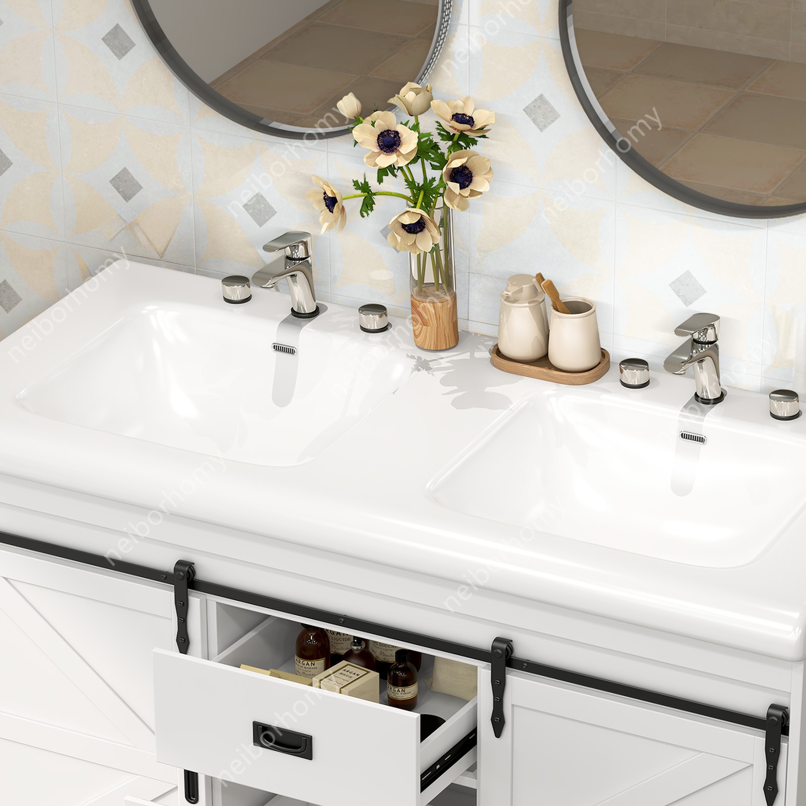Double Sink Bathroom Vanity Cabinet Complete Set Ceramic Basin Bathroom Unit