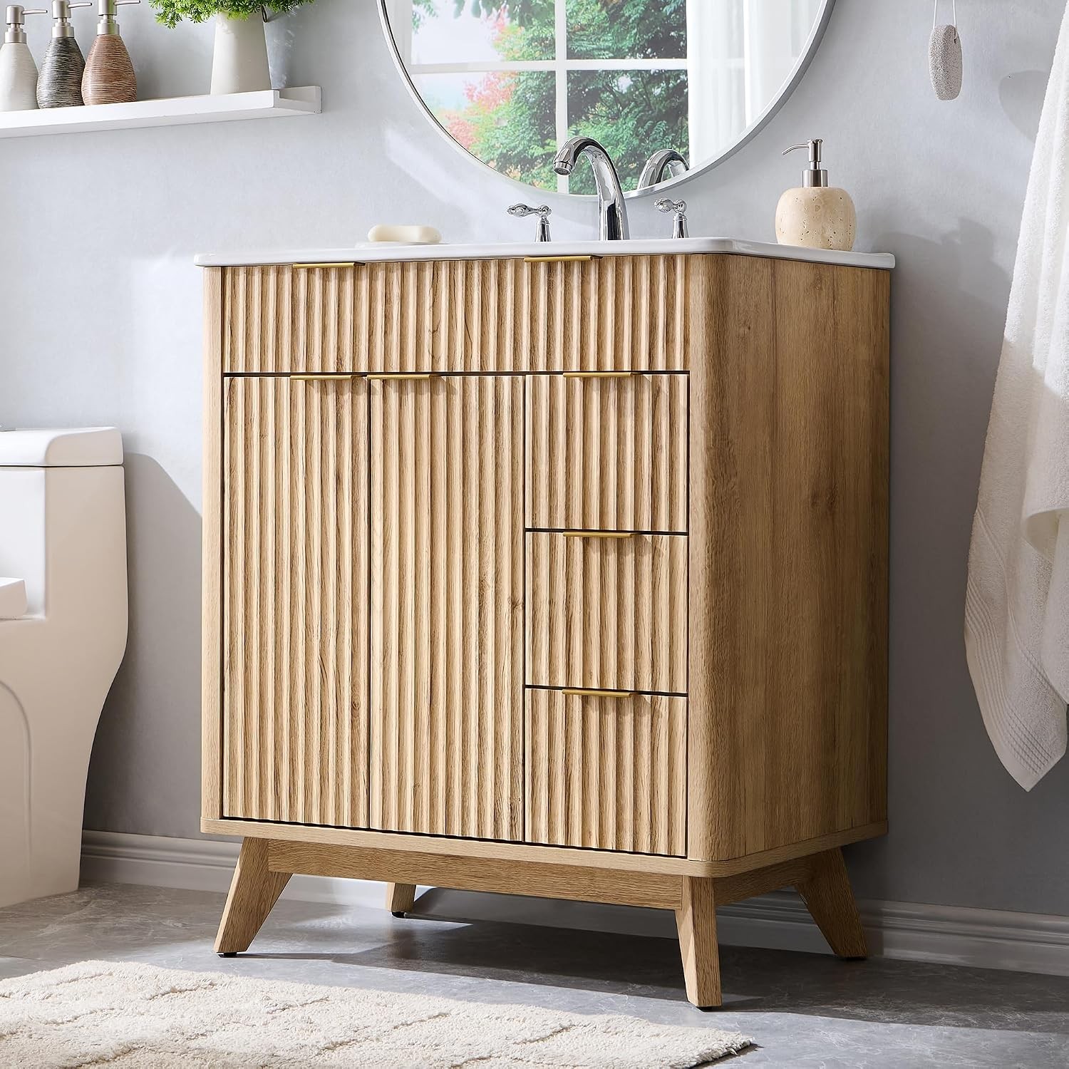 30″ Fluted Bathroom Vanity with Ceramic Sink Combo Freestanding Modern Bathroom